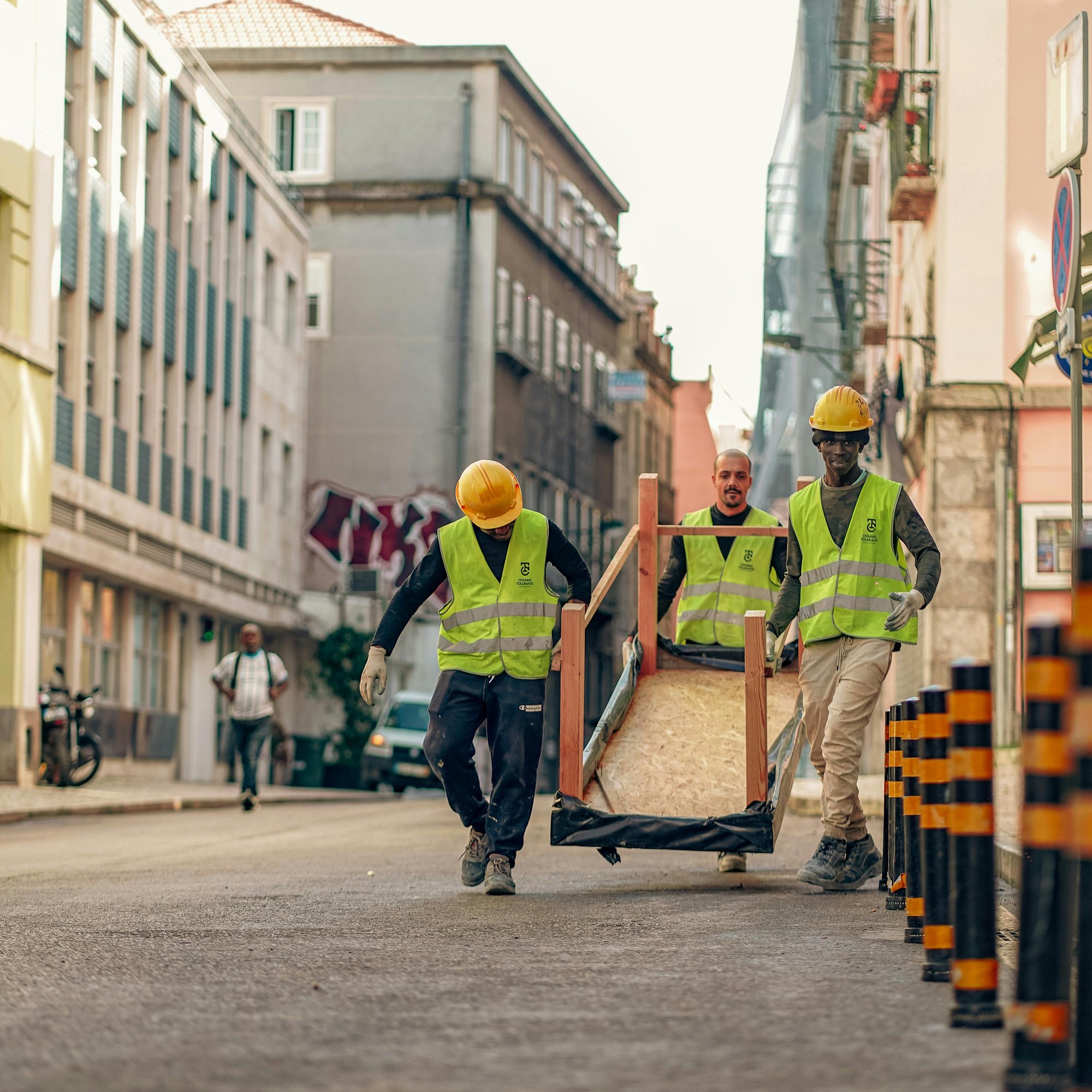 Three men carrying object